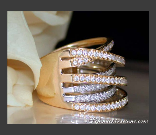 Mehrreihiger Brillanten Ring in Gelbgold & Weißgold