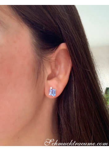 Delicate Baguette Cut Blue Topaz Stud Earrings with Diamonds