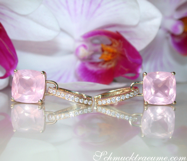 Wende Ohrringe mit Rosenquarz und Diamanten