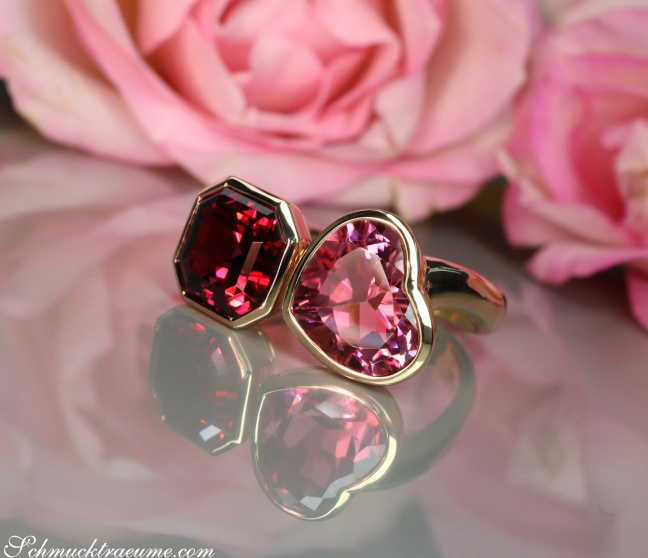 "Toi et Moi" Ring mit Pink Turmalin und Rhodolith