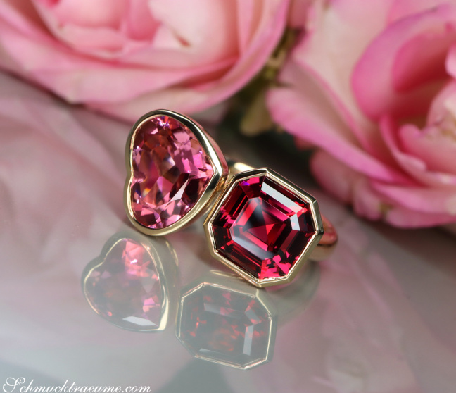 "Toi et Moi" Ring mit Pink Turmalin und Rhodolith
