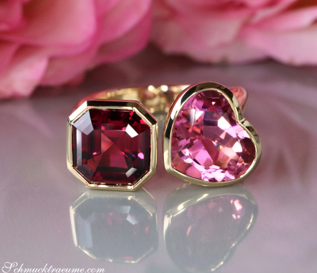 "Toi et Moi" Ring mit Pink Turmalin und Rhodolith