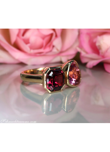 "Toi et Moi" Ring mit Pink Turmalin und Rhodolith