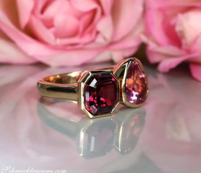 "Toi et Moi" Ring mit Pink Turmalin und Rhodolith