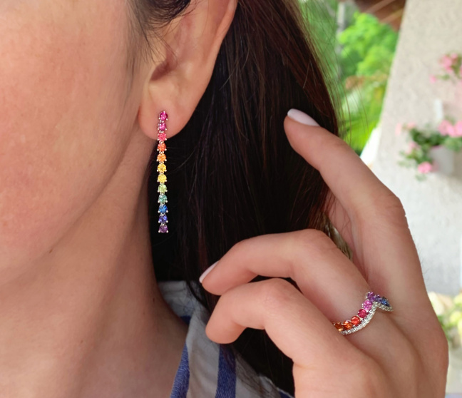 Regenbogen Saphir Ohrringe Weißgold 750 lang