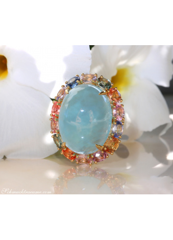 Opulenter Milky Aquamarin Ring mit Multicolor Saphiren