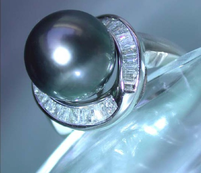 Tahitiperle Ring mit Trapez Diamanten in Weißgold 585