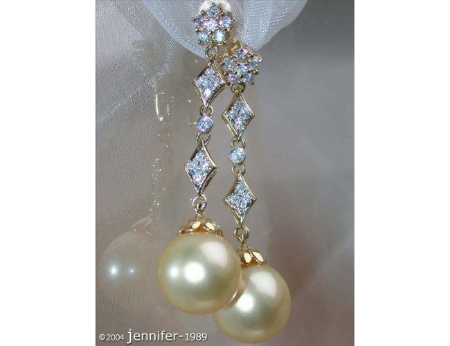 Long Dangling Earrings with Golden Southsea Pearls