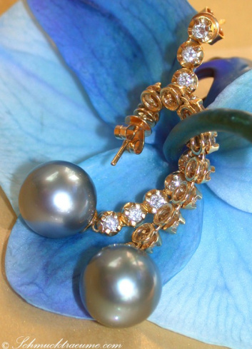 Long Dangling Earrings with Tahitian Pearls & Diamonds