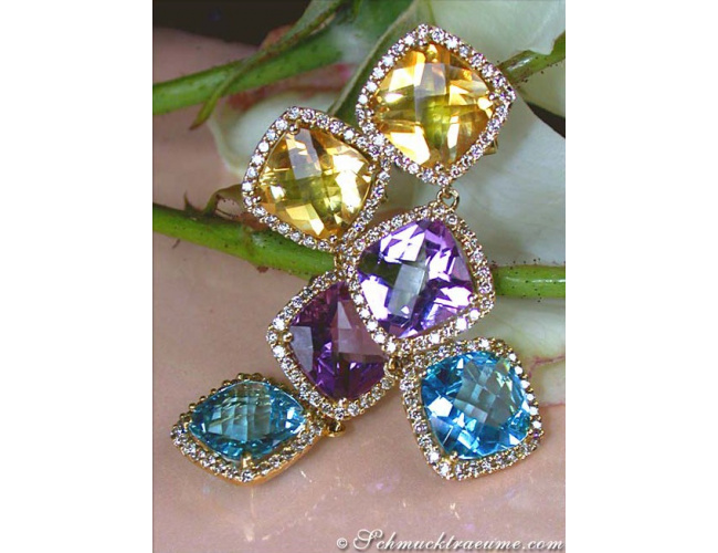 Stunning Multicolor Gemstone Dangling Earrings with Diamonds