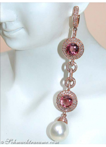 Impressive Dangling Earrings with Southsea Pearls, Tourmalines & Diamonds
