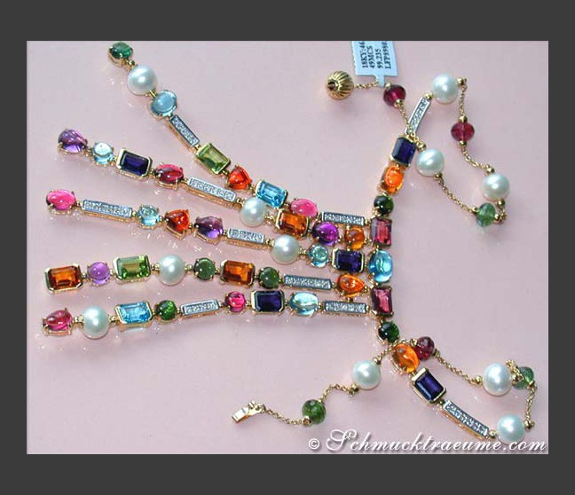 Multicolor Edelstein Collier mit Diamanten und Perlen