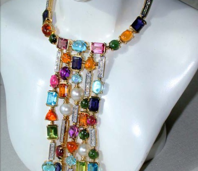 Multicolor Edelstein Collier mit Diamanten und Perlen