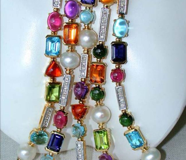 Multicolor Edelstein Collier mit Diamanten und Perlen