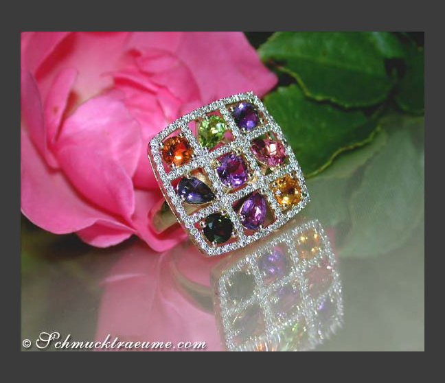 Multicolor Edelstein Ring mit Brillanten