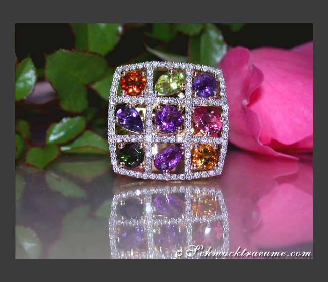 Multicolor Edelstein Ring mit Brillanten