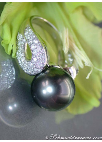 Huge Tahitian Pearl Ring with Diamonds