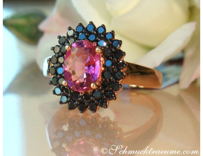 Enchanting Pink Tourmaline Ring with Black Diamonds