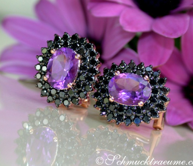 Amethyst Ohrstecker mit schwarzen Diamanten in Roségold 585
