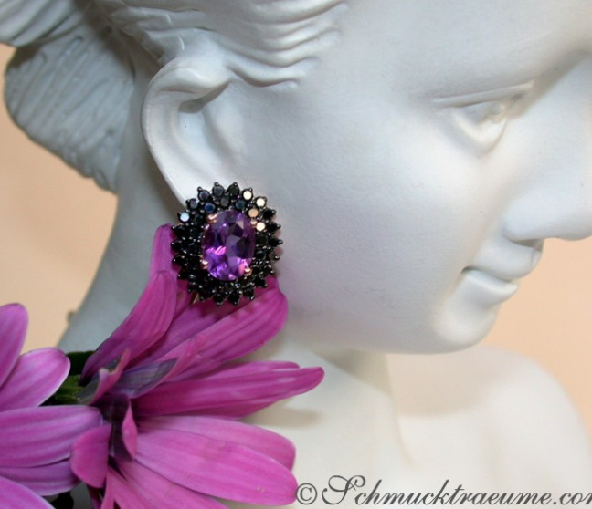 Amethyst Ohrstecker mit schwarzen Diamanten in Roségold 585