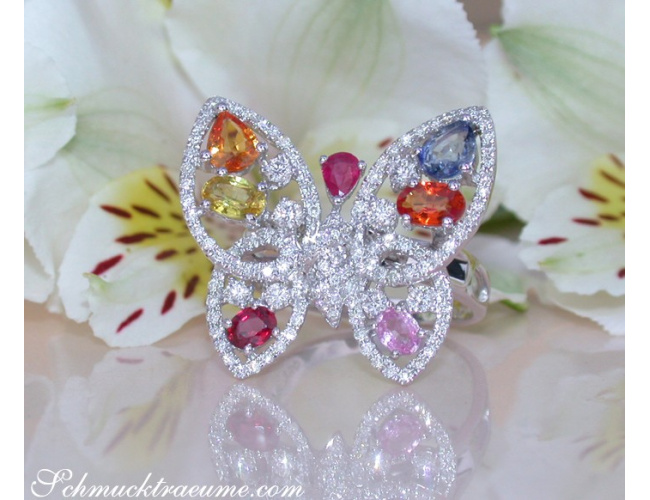 Beautiful Butterfly Ring with Multicolor Sapphires & Diamonds