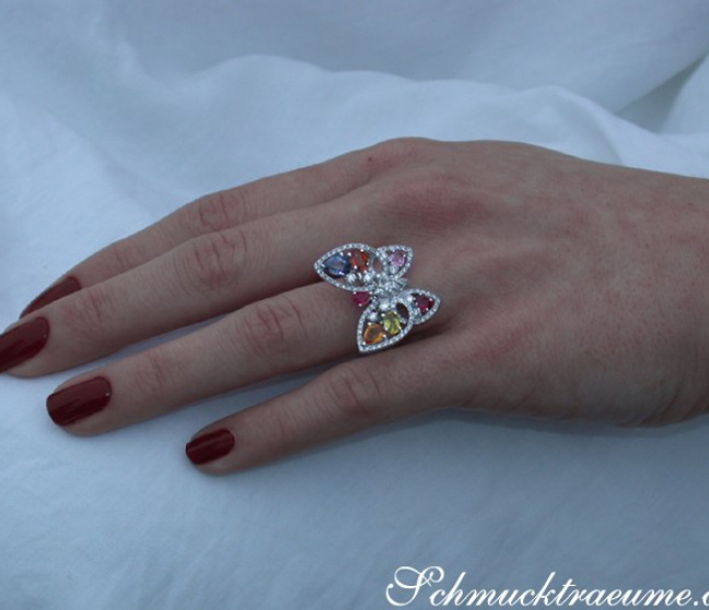 Brillanten Schmetterling Ring mit Regenbogen Saphiren