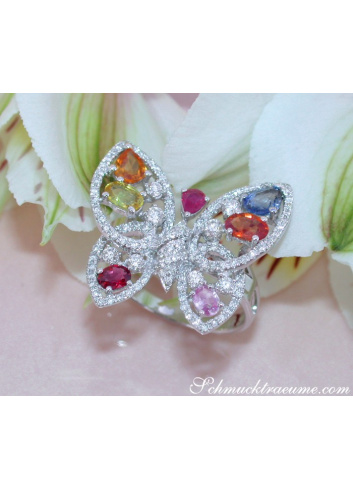 Beautiful Butterfly Ring with Multicolor Sapphires & Diamonds