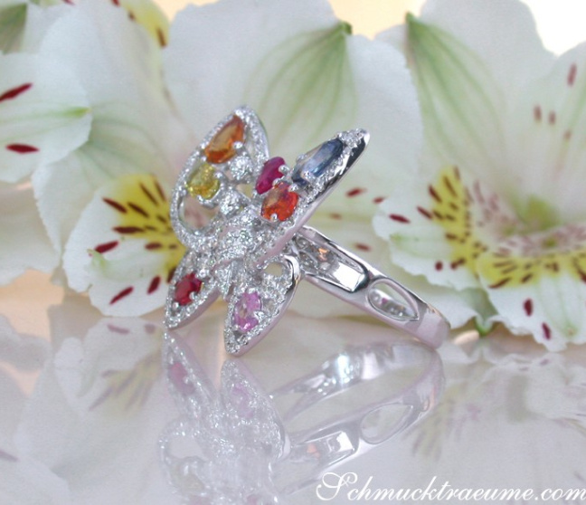 Brillanten Schmetterling Ring mit Regenbogen Saphiren