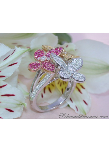 Pretty Diamond Butterfly Ring with Rubies & Sapphires