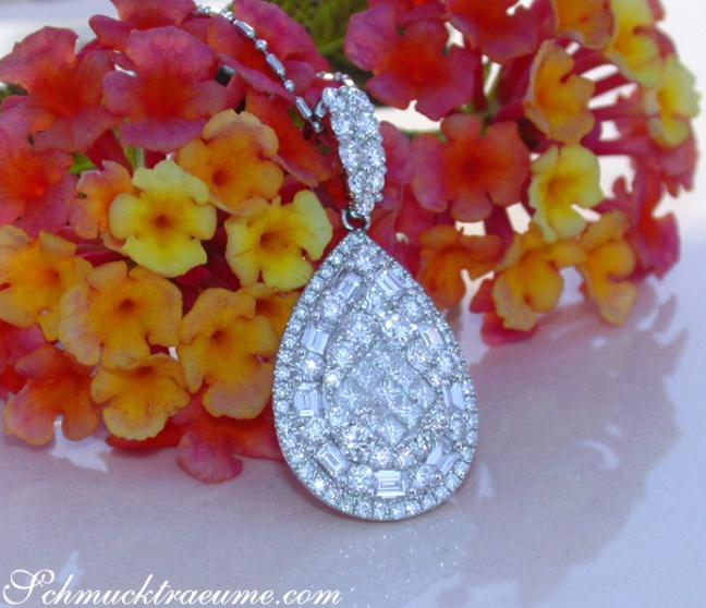 Brillant Tropfen Anhänger mit Princess- und Baguette Diamanten