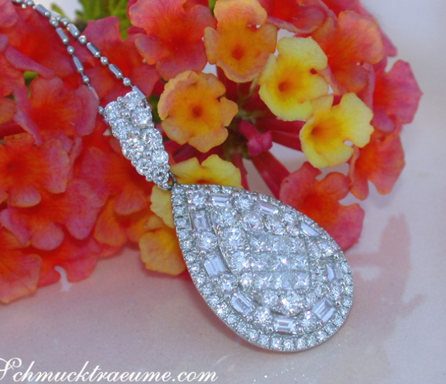 Brillant Tropfen Anhänger mit Princess- und Baguette Diamanten