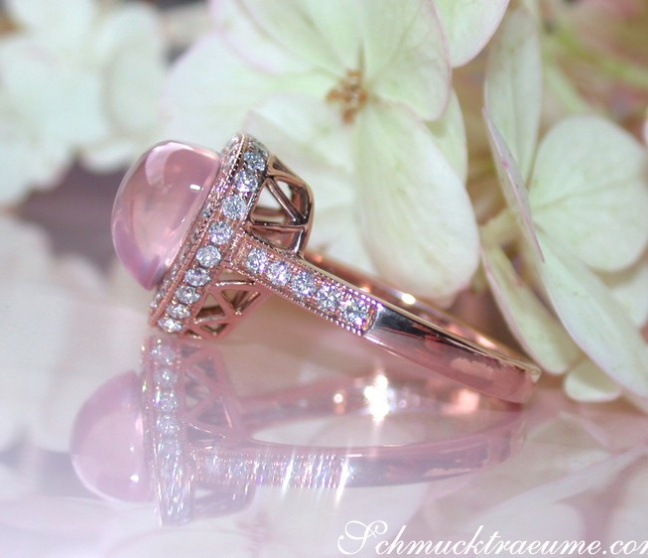 Rosenquarz Herz Ring mit Brillanten in Roségold 750