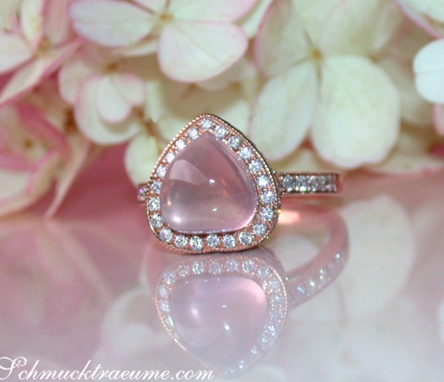 Rosenquarz Herz Ring mit Brillanten in Roségold 750