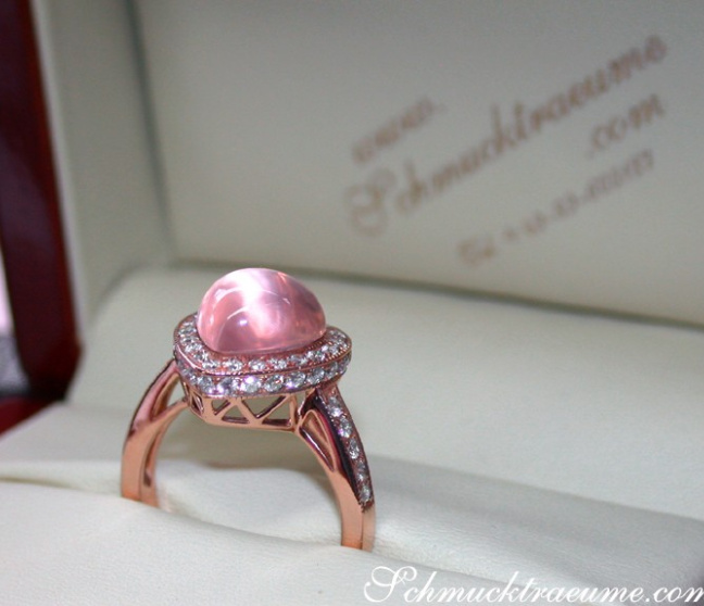 Rosenquarz Herz Ring mit Brillanten in Roségold 750