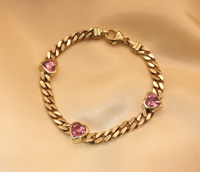 Bildschönes Panzer Armband mit rosa Turmalin Herzen #1 Bildschönes Panzer Armband mit rosa Turmalin Herzen #1