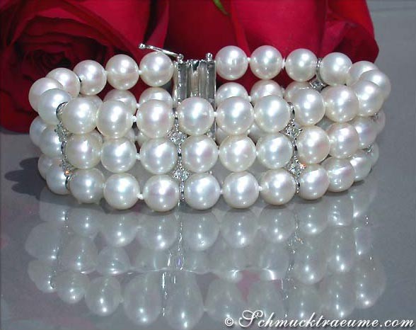Gorgeous Three Row Freshwater Pearl Bracelet with Diamonds in White Gold #1 Gorgeous Three Row Freshwater Pearl Bracelet with Diamonds in White Gold #1