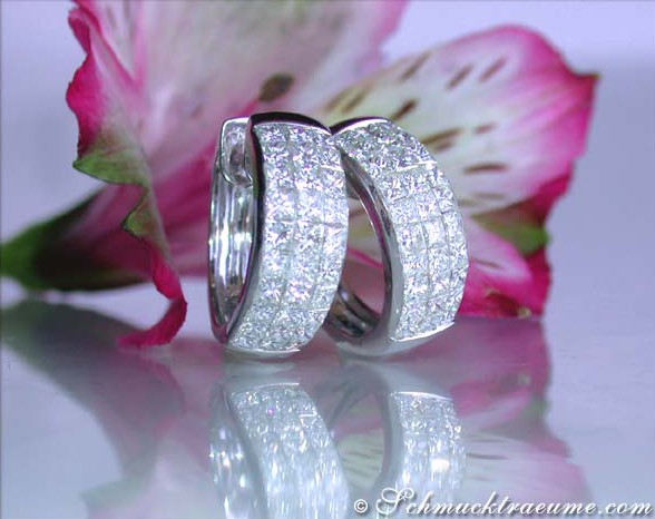 Elegant Princess Diamond Hoop Earrings in White gold 18k #1 Elegant Princess Diamond Hoop Earrings in White gold 18k #1