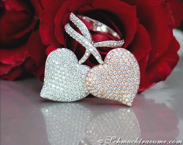 Exquisite Double Heart Diamond Ring in White & Rose Gold 18k #1 Exquisite Double Heart Diamond Ring in White & Rose Gold 18k #1