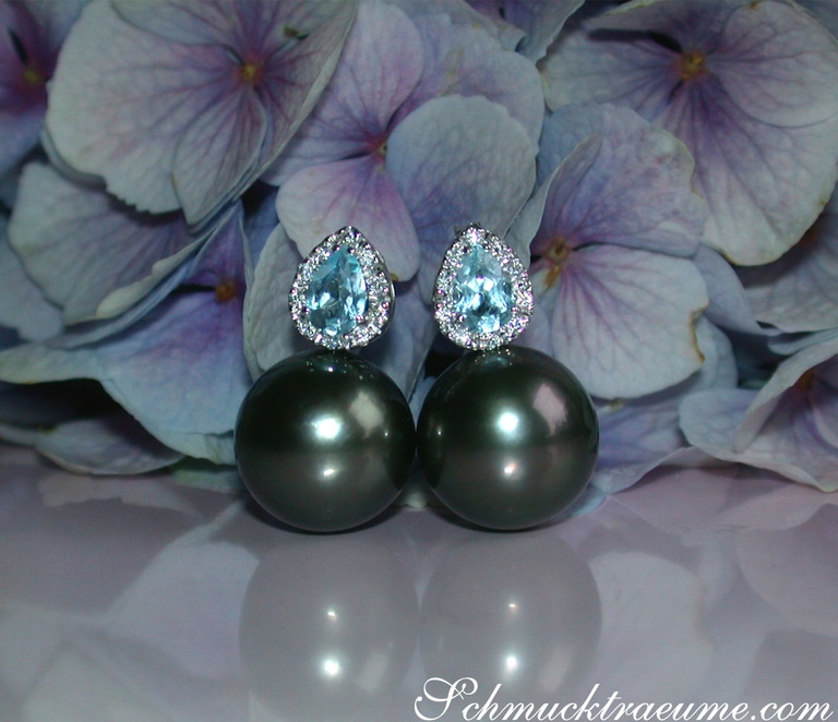 Fabelhafte Tahitiperlen Ohrstecker mit Aquamarinen #1 Fabelhafte Tahitiperlen Ohrstecker mit Aquamarinen #1