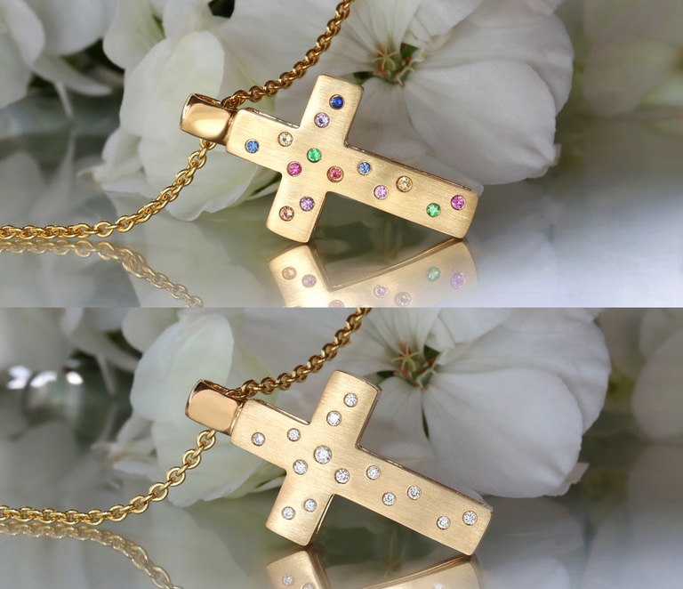 Fabelhaftes Wende Kreuz „2 in 1“ mit Brillanten und Multicolor Saphiren #1 Fabelhaftes Wende Kreuz „2 in 1“ mit Brillanten und Multicolor Saphiren #1
