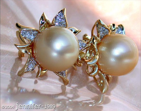Blossom Style Studs with Golden Southsea Pearls & Diamonds #1 Blossom Style Studs with Golden Southsea Pearls & Diamonds #1