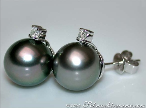 Pretty Tahitian Pearl Studs with Diamonds in White gold 14k #1 Pretty Tahitian Pearl Studs with Diamonds in White gold 14k #1