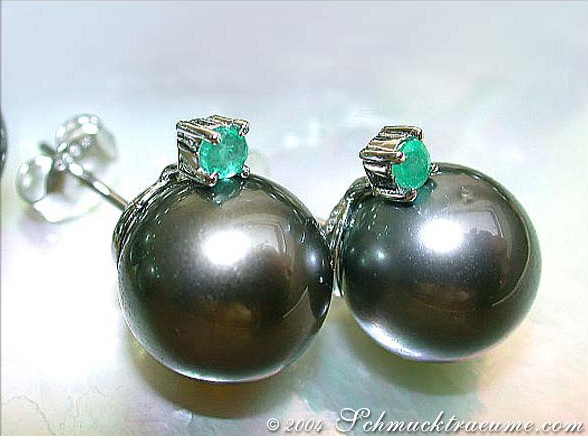 Attractive Tahitian Pearl Studs with Emeralds #1 Attractive Tahitian Pearl Studs with Emeralds #1