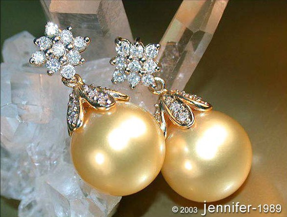 Golden Southsea Pearl Earrings with Diamond Squares #1 Golden Southsea Pearl Earrings with Diamond Squares #1