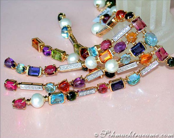 Luxuriöses Multicolor Edelstein Collier mit Perlen & Diamanten #1 Luxuriöses Multicolor Edelstein Collier mit Perlen & Diamanten #1