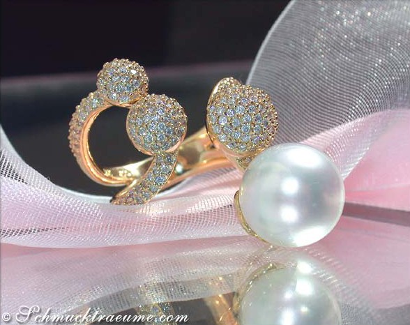 Tremendous Southsea Pearl Ring with Diamond Pave Balls #1 Tremendous Southsea Pearl Ring with Diamond Pave Balls #1