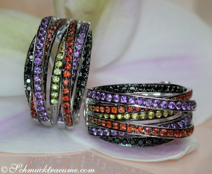 Earrings with black diamonds, amethysts and sapphires #1 Earrings with black diamonds, amethysts and sapphires #1
