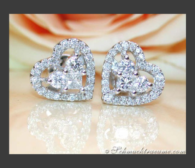 Feine Brillanten Herz Ohrstecker mit Princess Diamanten #1 Feine Brillanten Herz Ohrstecker mit Princess Diamanten #1