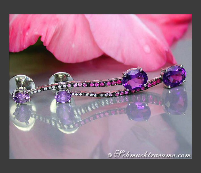 Einzigartige Amethyst Ohrstecker mit Rubinen, Saphiren & Brillanten #1 Einzigartige Amethyst Ohrstecker mit Rubinen, Saphiren & Brillanten #1