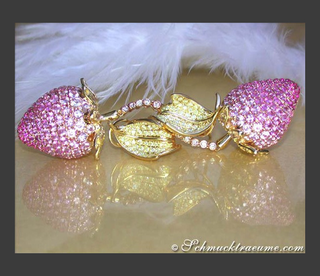 Raffinierte Ohrgehänge mit pinken & gelben Saphiren im Erdbeer Design #1 Raffinierte Ohrgehänge mit pinken & gelben Saphiren im Erdbeer Design #1